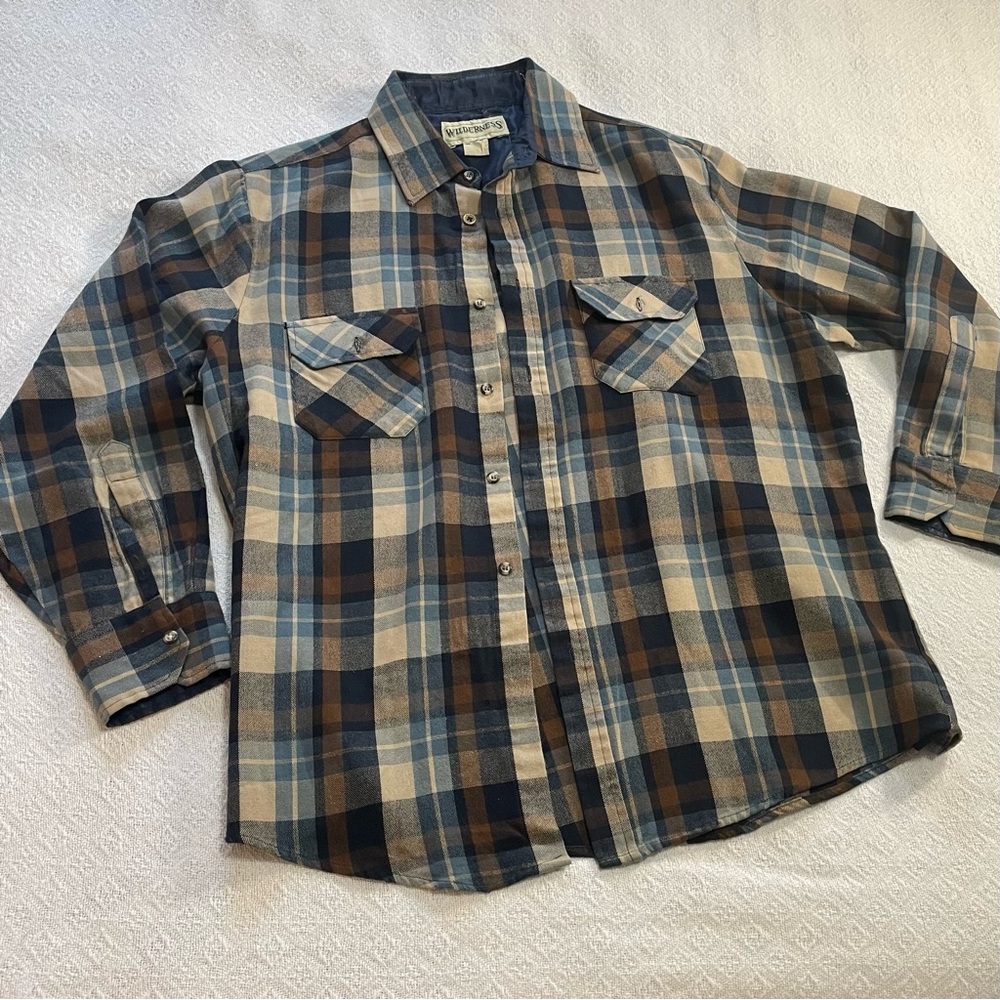 Men's Plaid Button-Down Shirt‎ in Blue and Brown Wilderness Size Large~ Outdoors